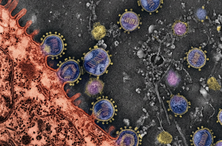 HIV virus particles budding from red human cell membrane under electron microscope