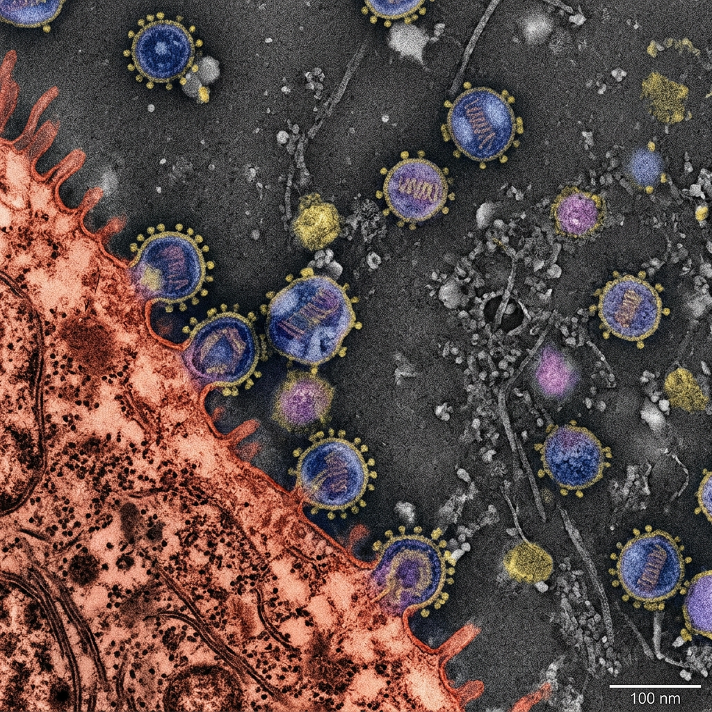 HIV virus particles budding from red human cell membrane under electron microscope