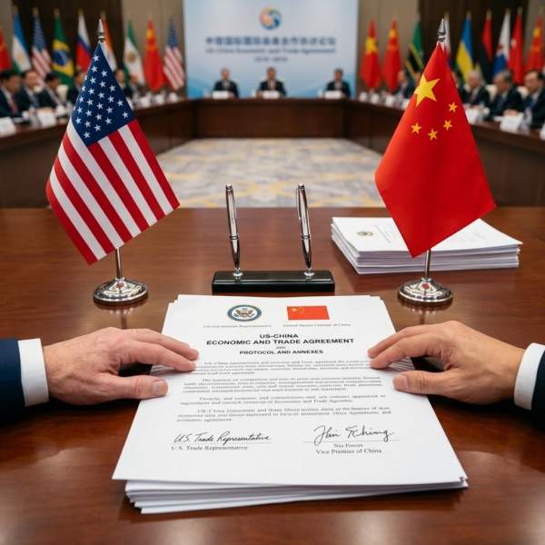 Documents titled US-China Economic and Trade Agreement on a table with US and China flags and hands from two officials