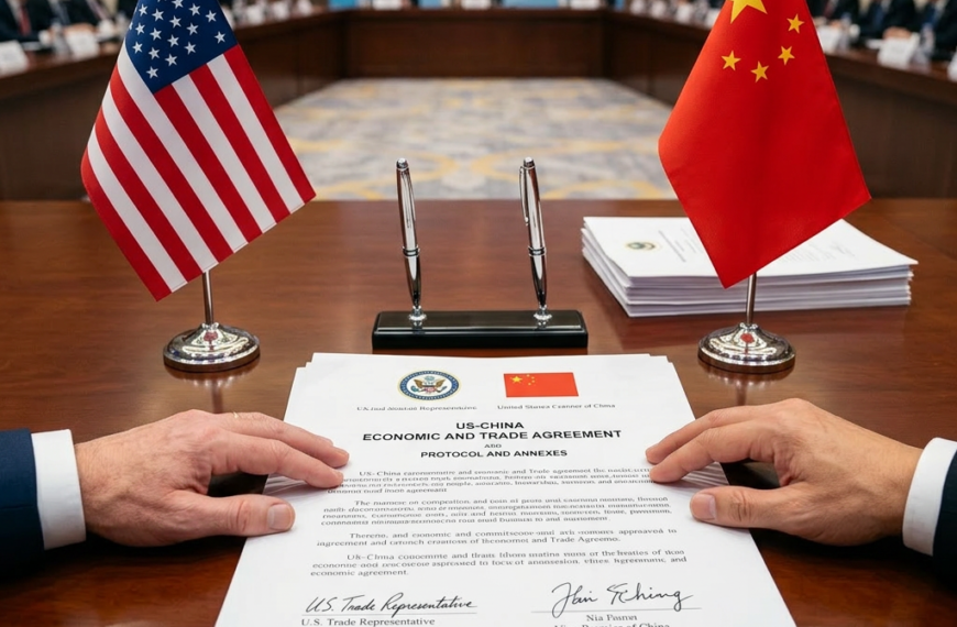 Documents titled US-China Economic and Trade Agreement on a table with US and China flags and hands from two officials