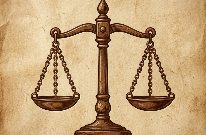 Vintage illustration of balanced scales of justice on aged paper background