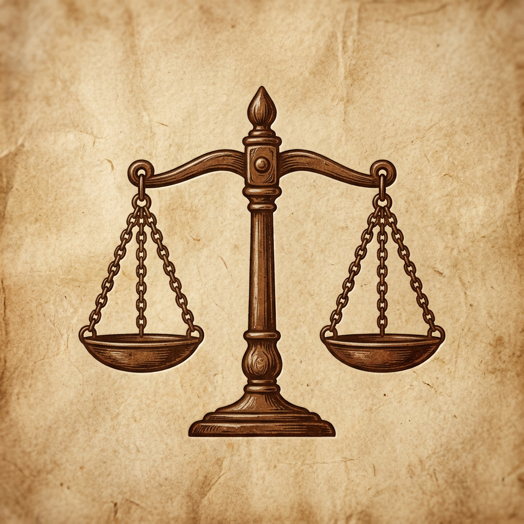 Vintage illustration of balanced scales of justice on aged paper background